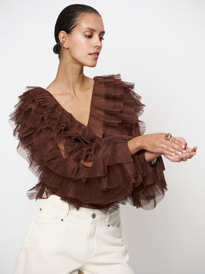 Phora Tulle Ruffled Top - Chocolate Brown