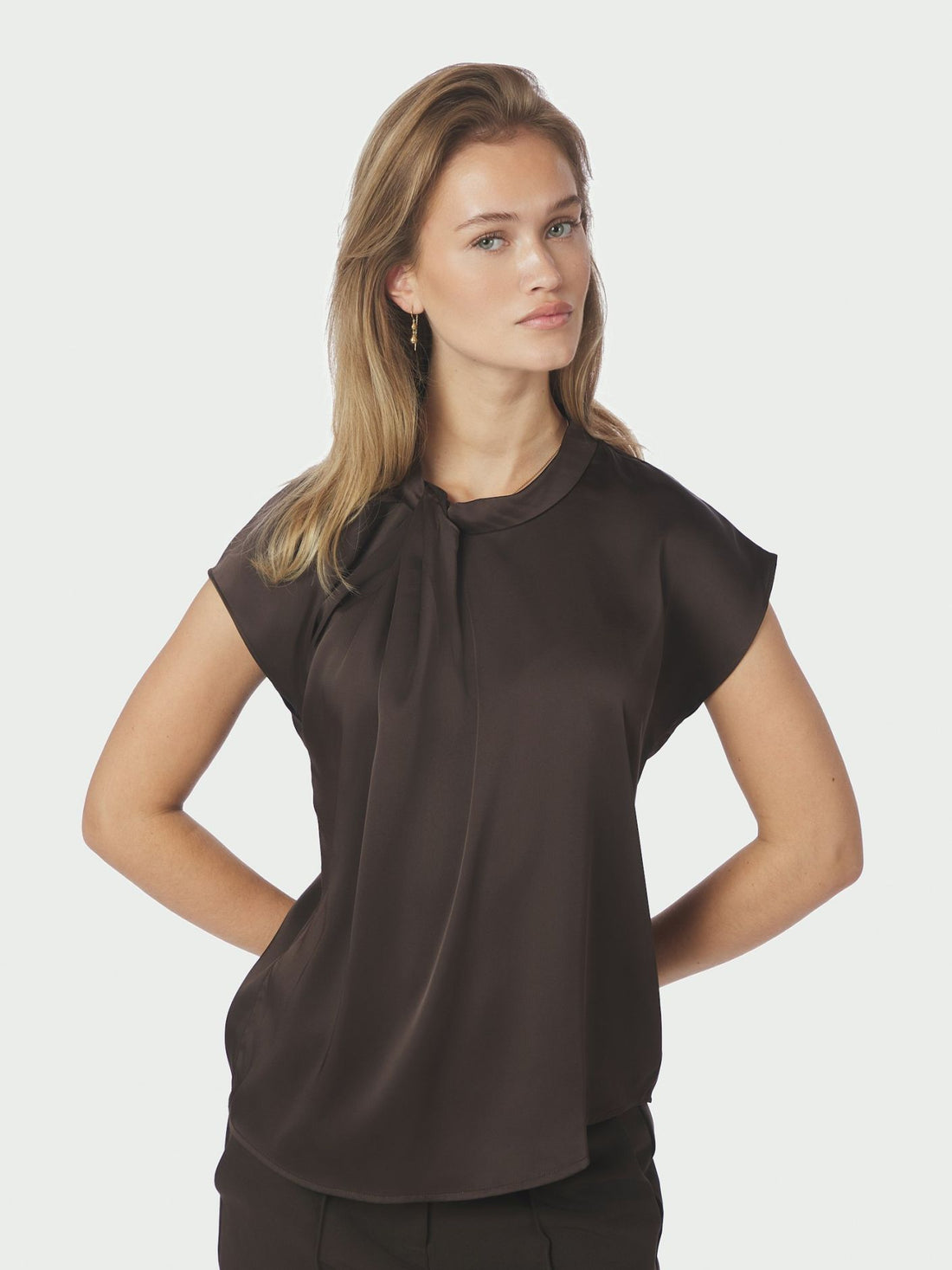 Fleur Drapy Satin Blouse - Dark Brown