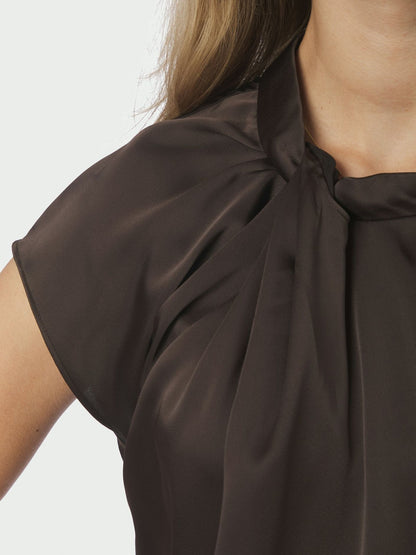 Fleur Drapy Satin Blouse - Dark Brown
