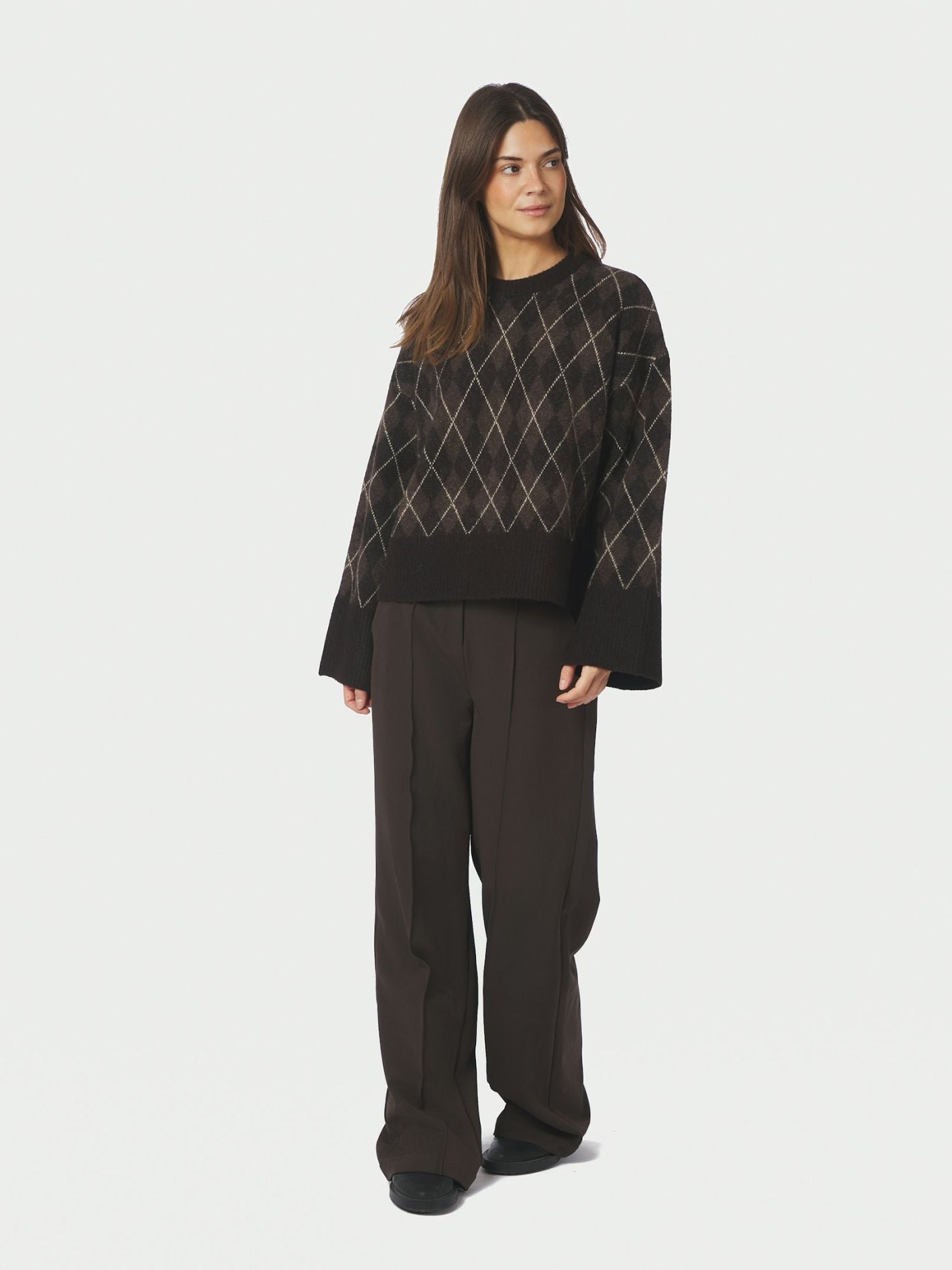Kick Check Knit Blouse - Dark Brown