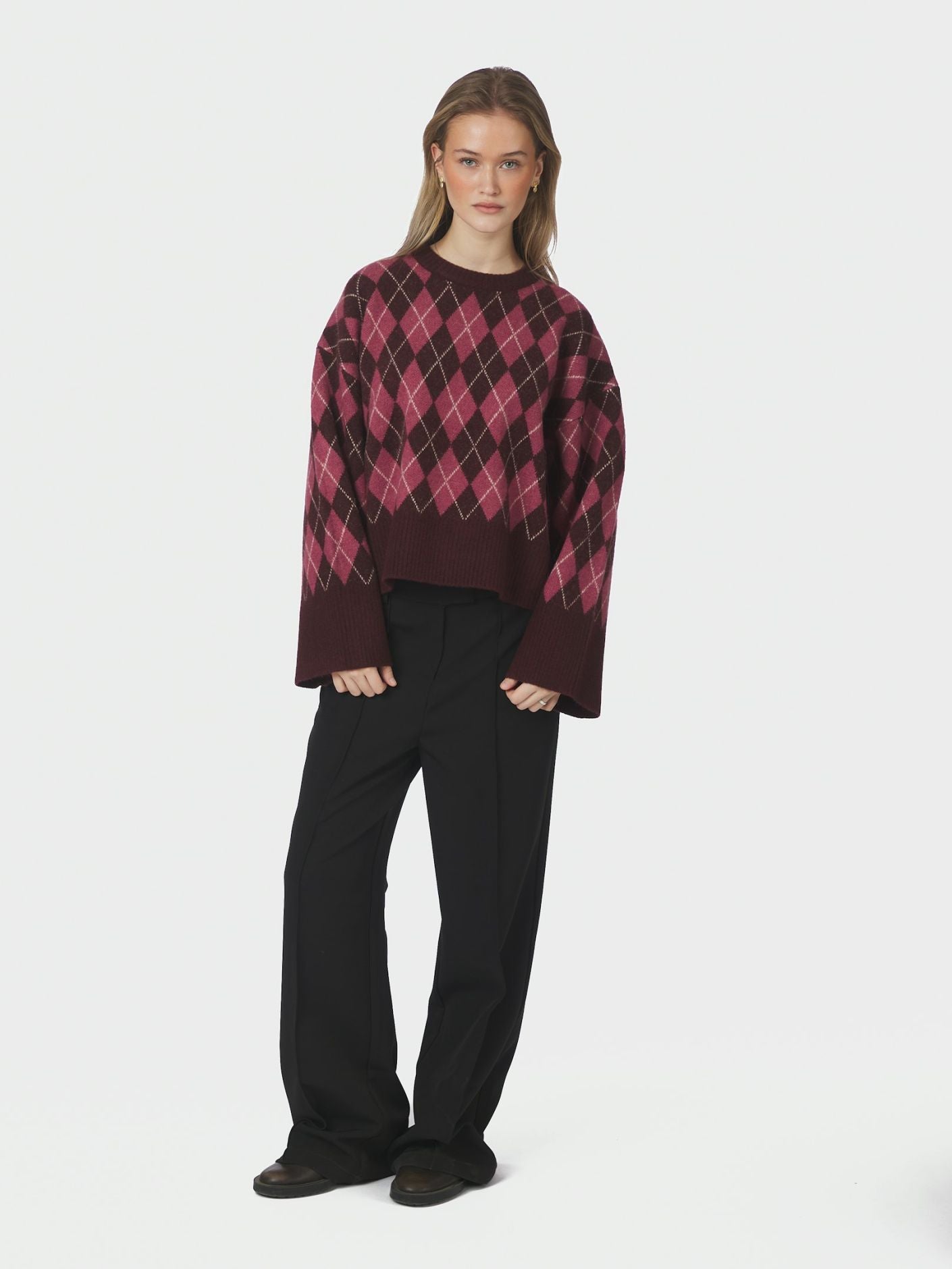 Kick Check Knit Blouse - Wine