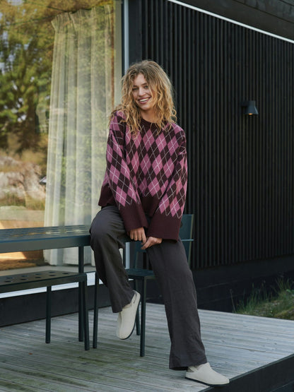Kick Check Knit Blouse - Wine