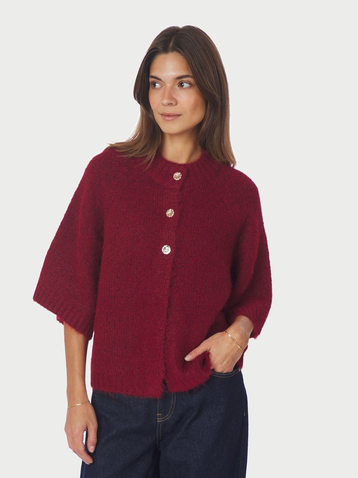 Benuta Fluffy Knit Cardigan - Dark Red