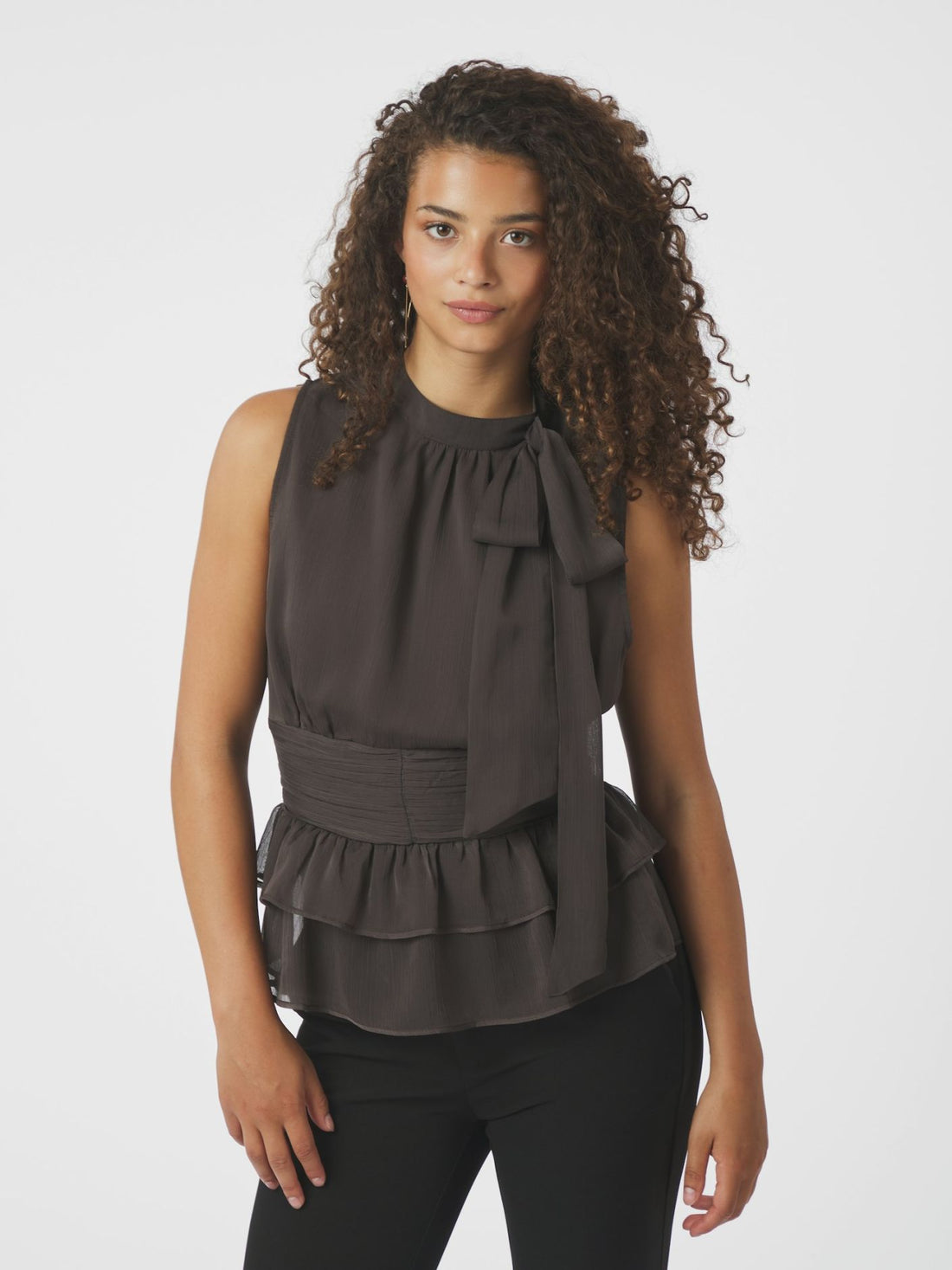Ansol Solid Chiffon Top - Dark Brown
