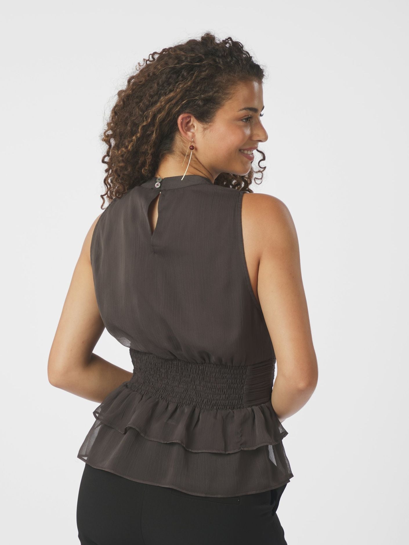 Ansol Solid Chiffon Top - Dark Brown