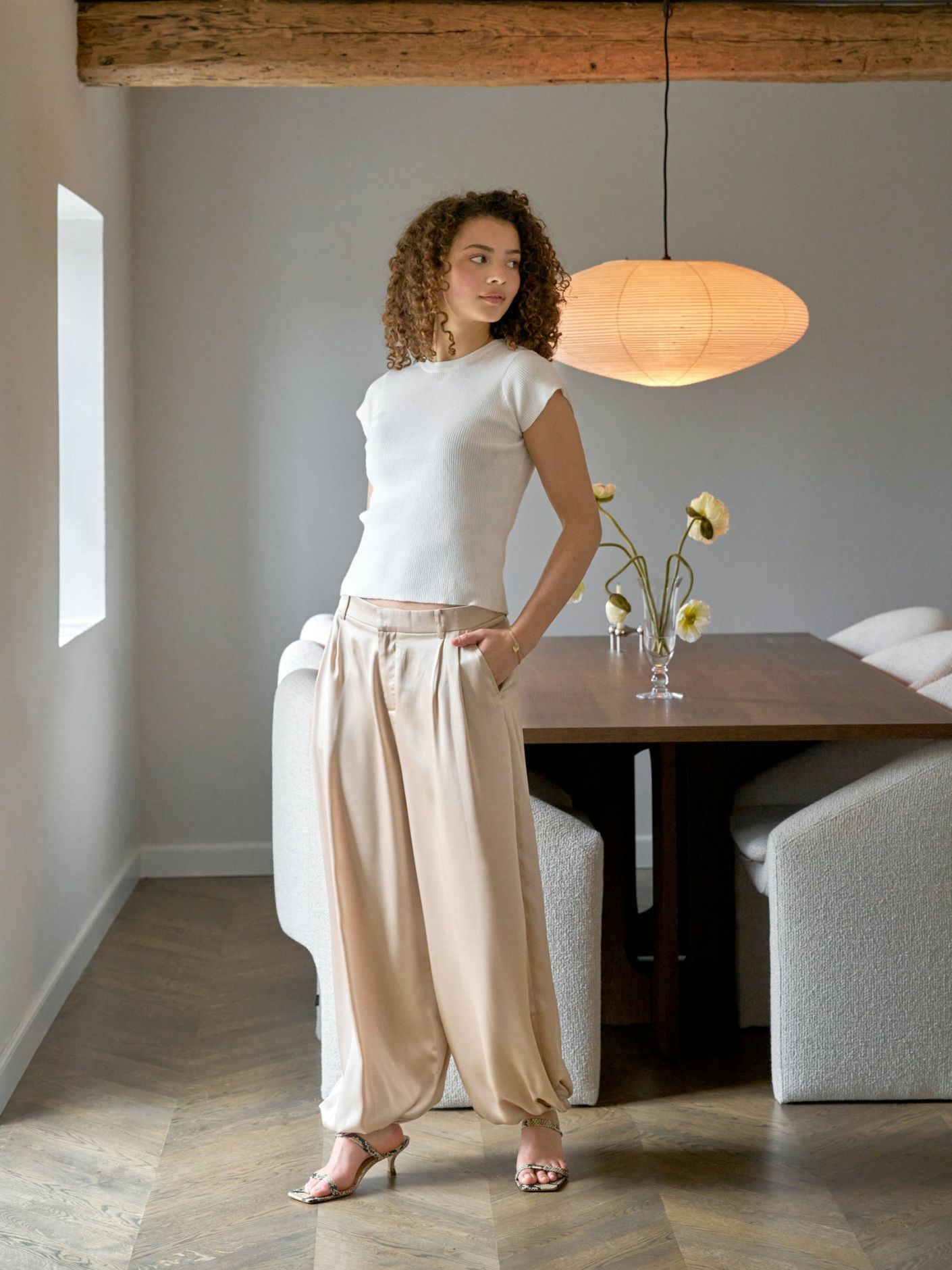 Fayla Drapy Satin Balloon Pants - Dark Sand