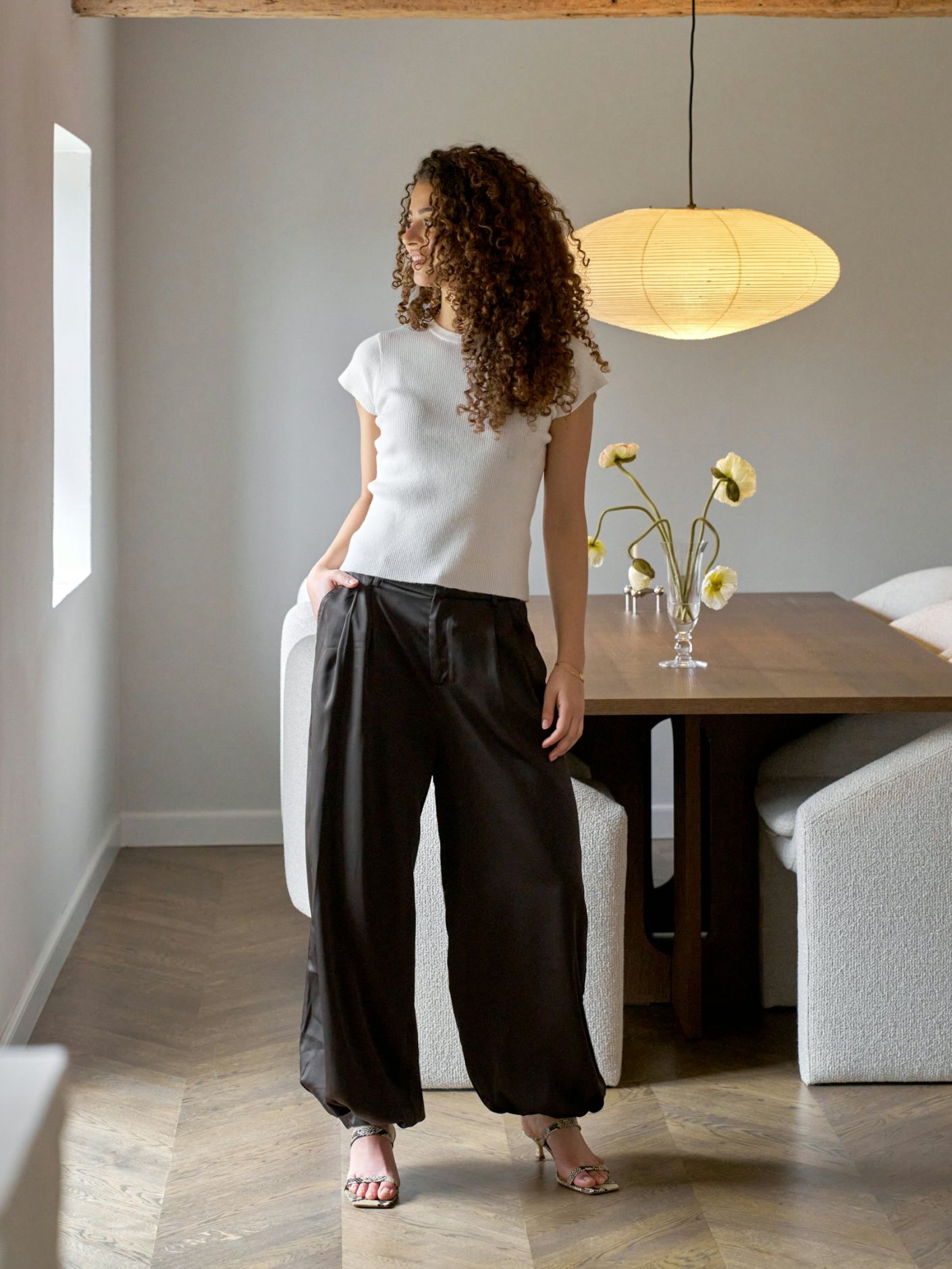 Fayla Drapy Satin Balloon Pants - Dark Brown