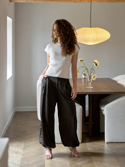 Fayla Drapy Satin Balloon Pants - Dark Brown