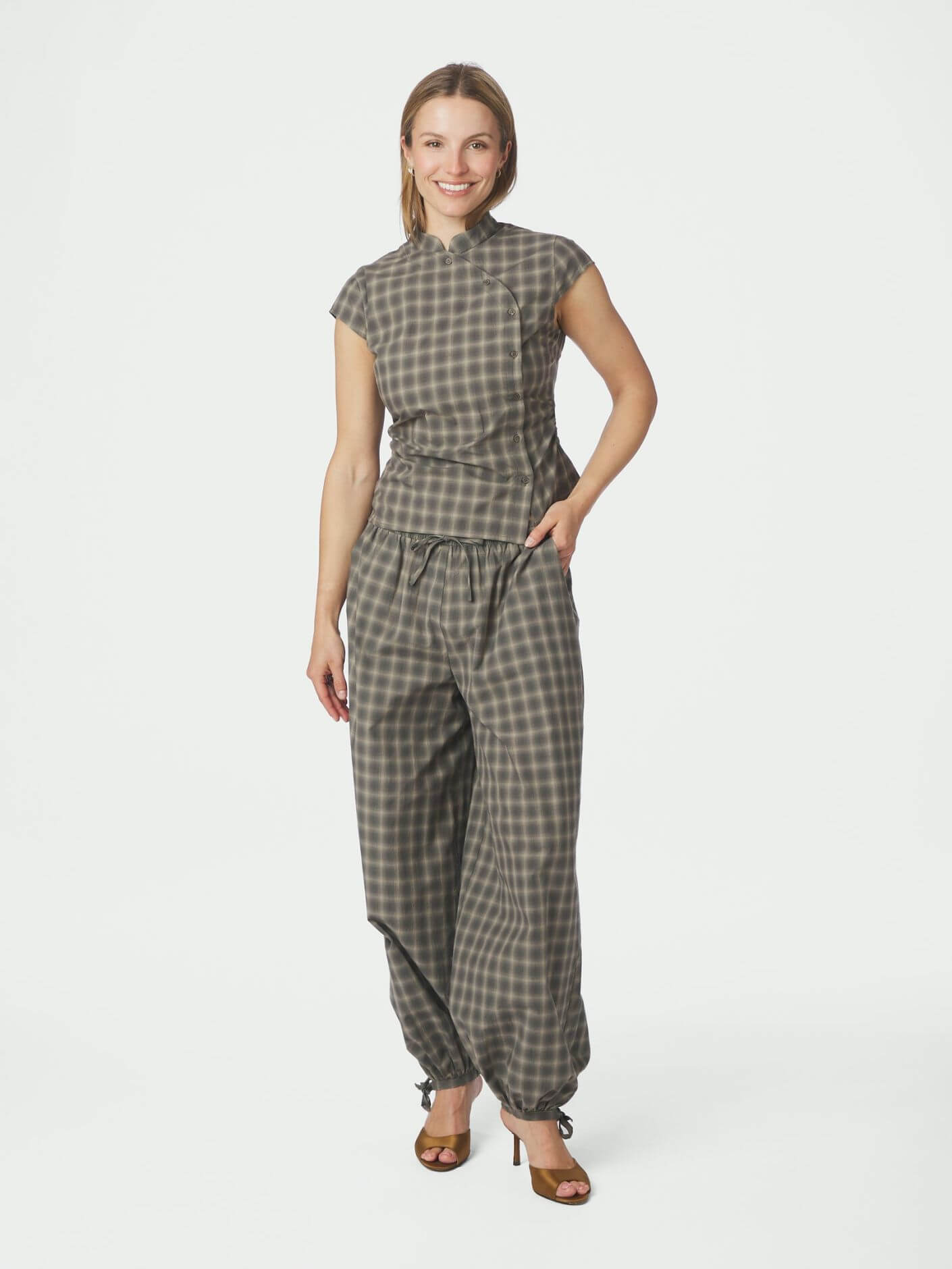 Roxane Balloon Checked Pants - Dusty Army