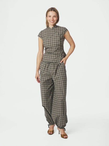 Roxane Balloon Checked Pants - Dusty Army