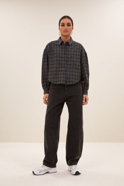 Sarah Short Check Blouse - Caramel