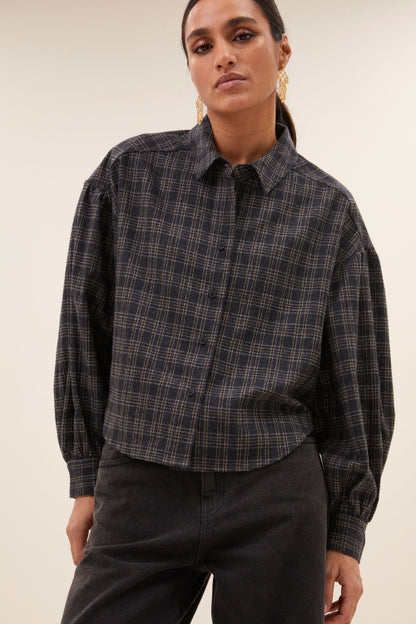 Sarah Short Check Blouse - Caramel