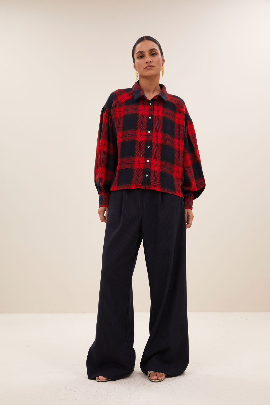 Sarah Short Red Check Blouse - Poppy Check