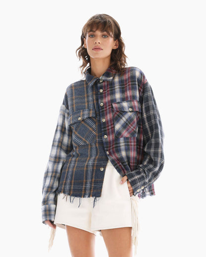 Cut Off Patchwork Check Shirt - Multicolor