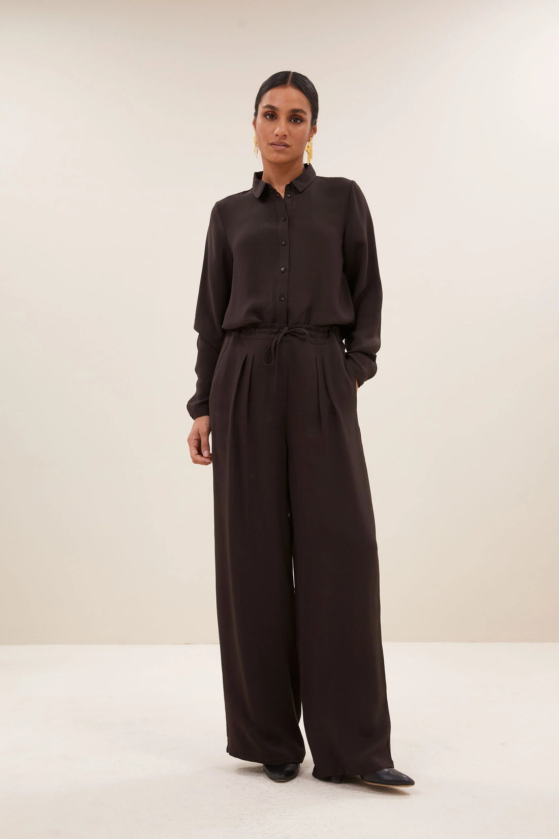 Donna Satin Strip Blouse - Cafe Noir