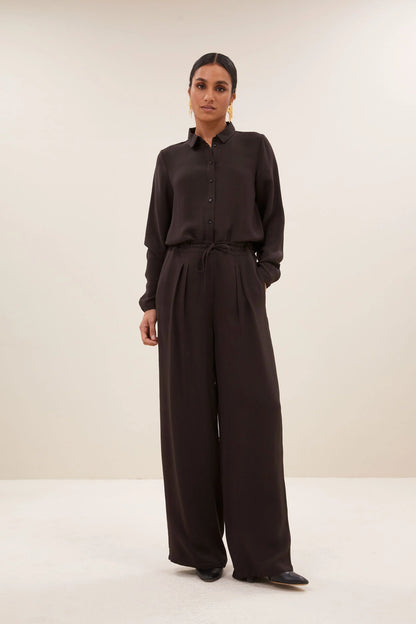 Donna Satin Strip Blouse - Cafe Noir