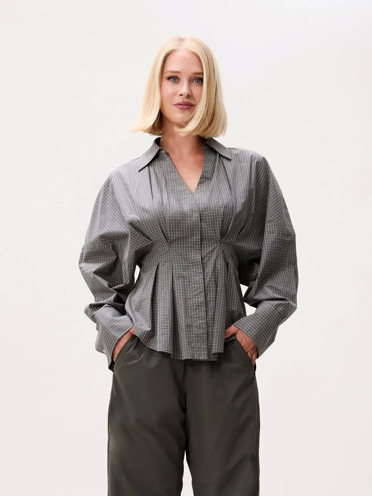 Check Blouse Waist Pleats - Dark Green