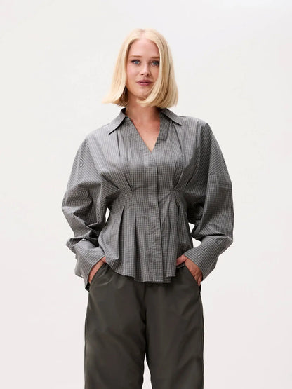 Check Blouse Waist Pleats - Dark Green