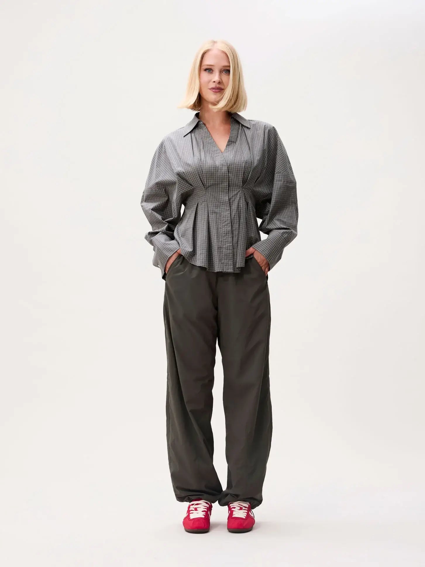 Check Blouse Waist Pleats - Dark Green