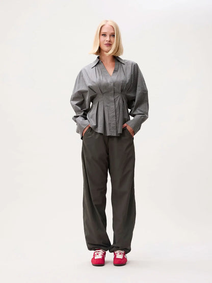 Check Blouse Waist Pleats - Dark Green