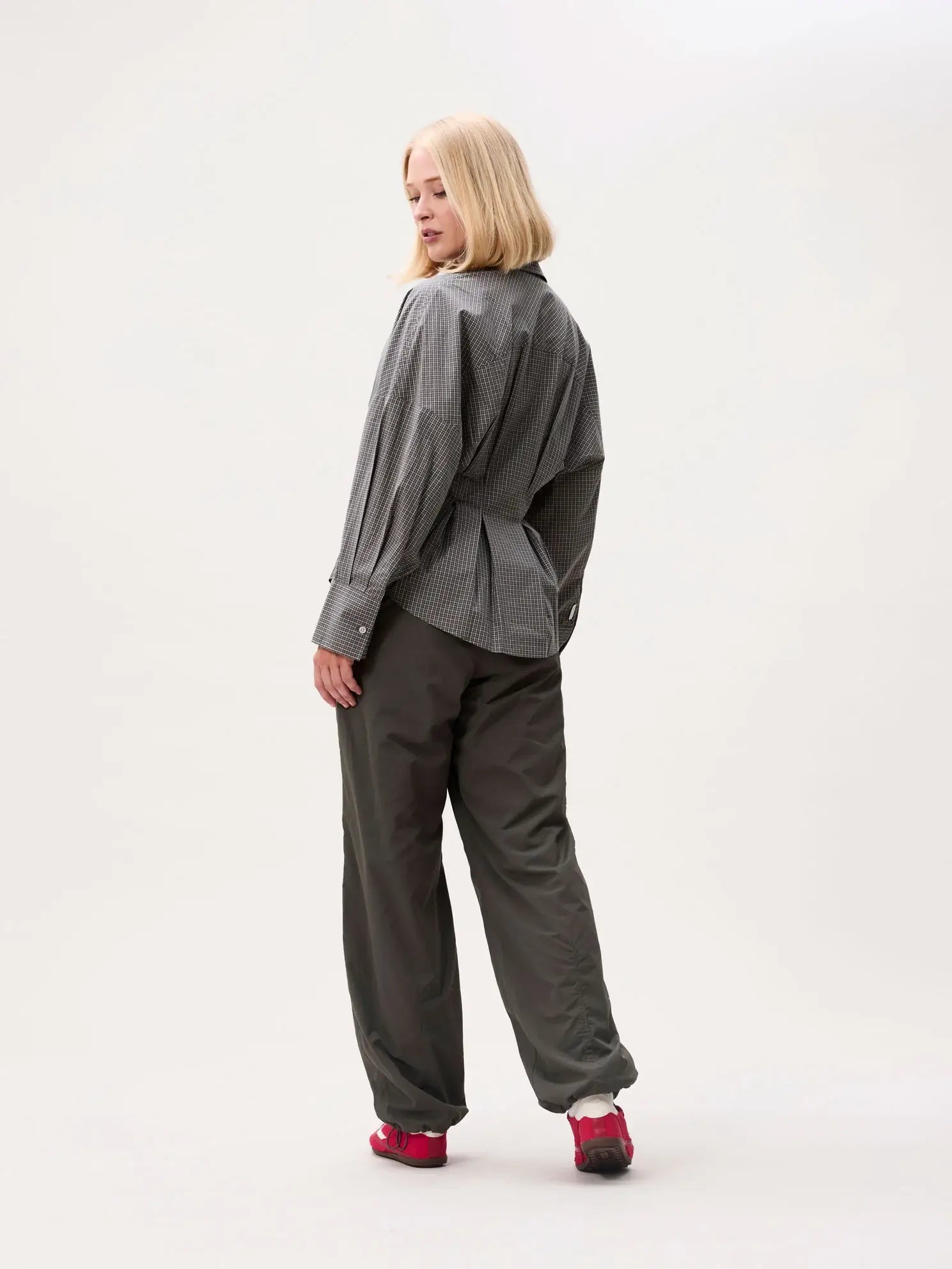 Check Blouse Waist Pleats - Dark Green