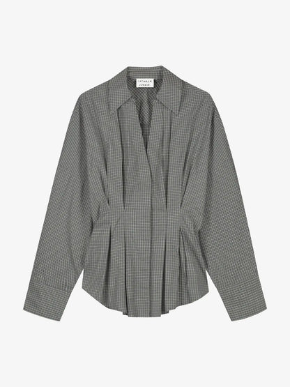 Check Blouse Waist Pleats - Dark Green