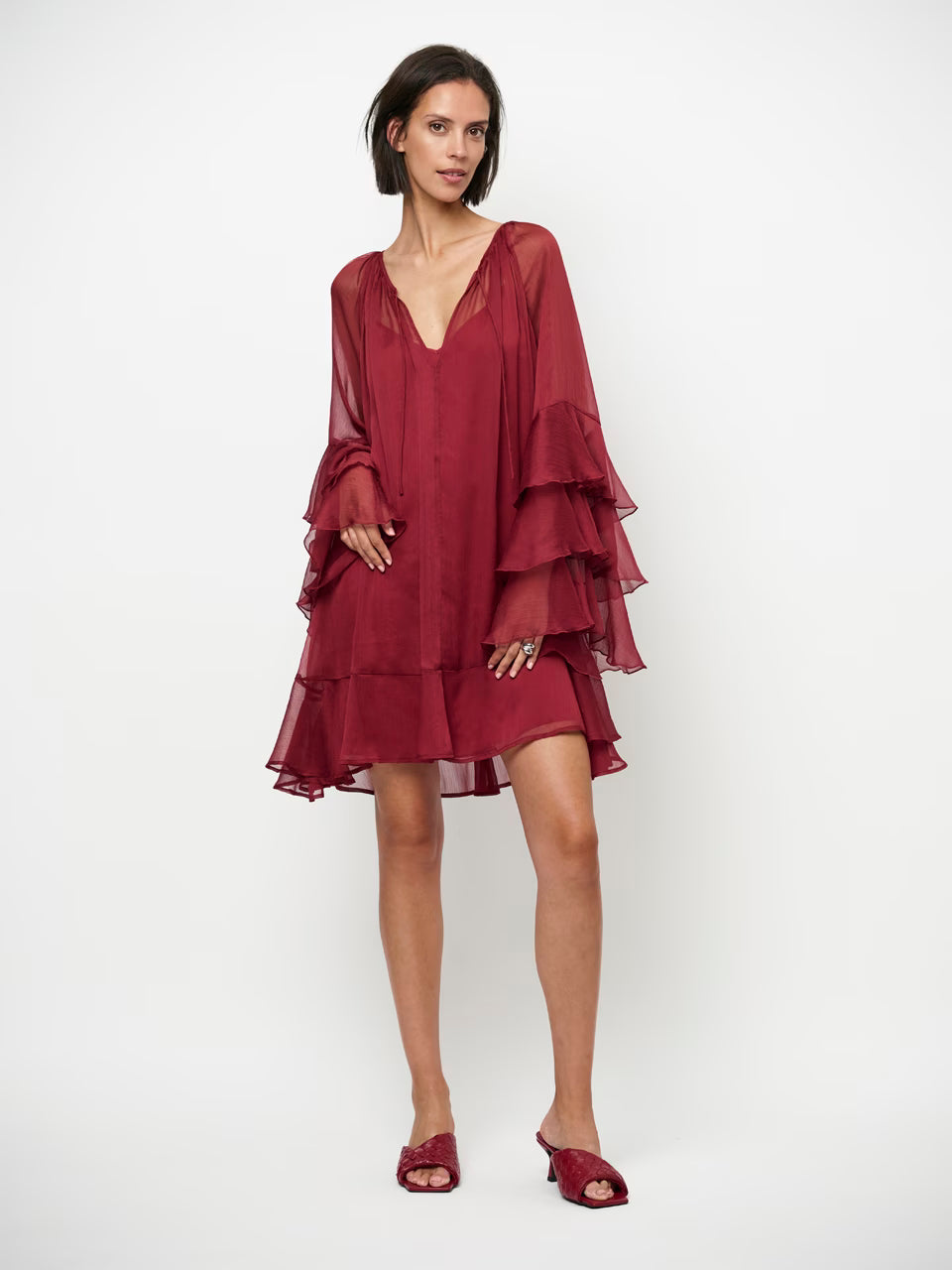 Solstice Boho Chiffon Short Dress - Berry Red