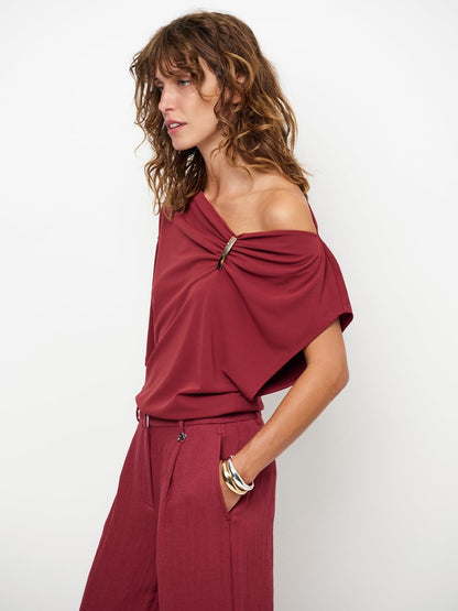 Gou Embellished Drapey Top - Berry Red