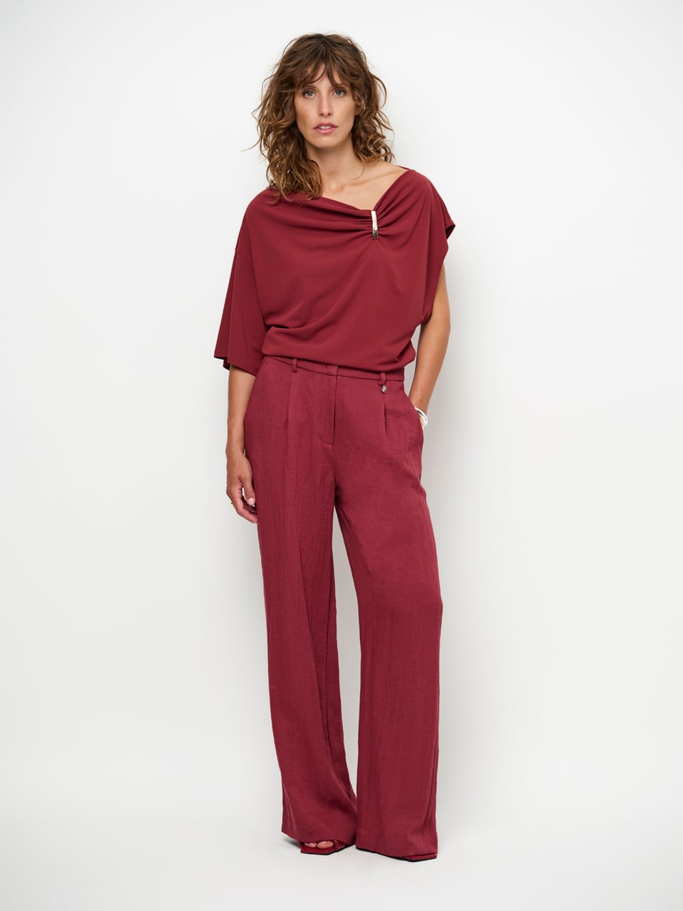 Gou Embellished Drapey Top - Berry Red