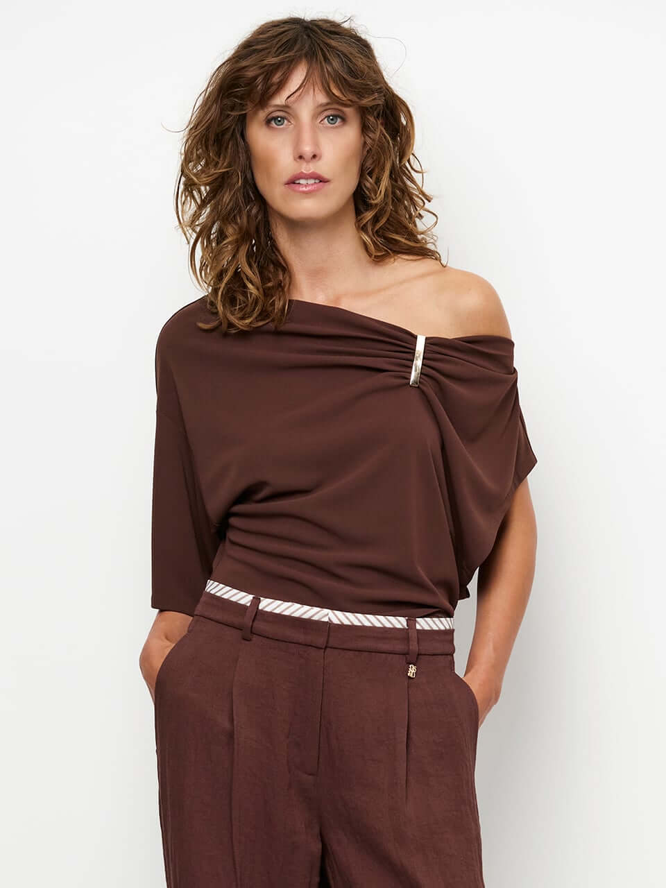 Gou Embellished Drapey Top - Chocolate Brown