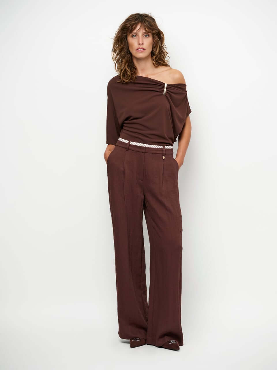 Gou Embellished Drapey Top - Chocolate Brown