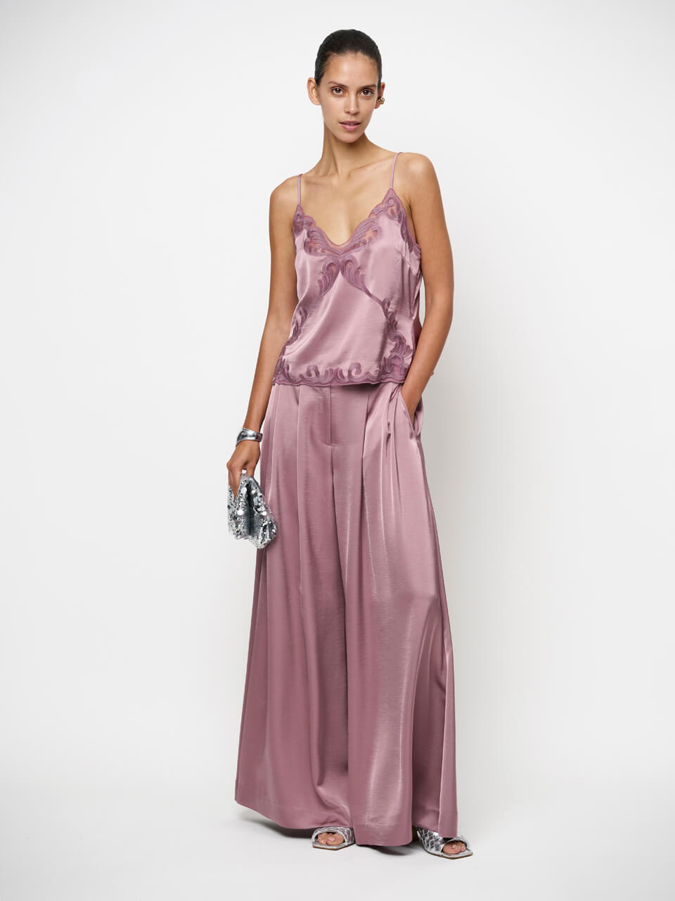 Onique Wide Leg Satin Pants - Mauve