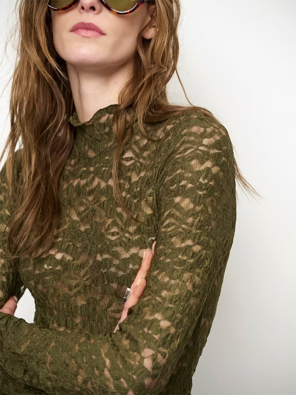 Irony Lace Turtle Neck Top - Warm Greige