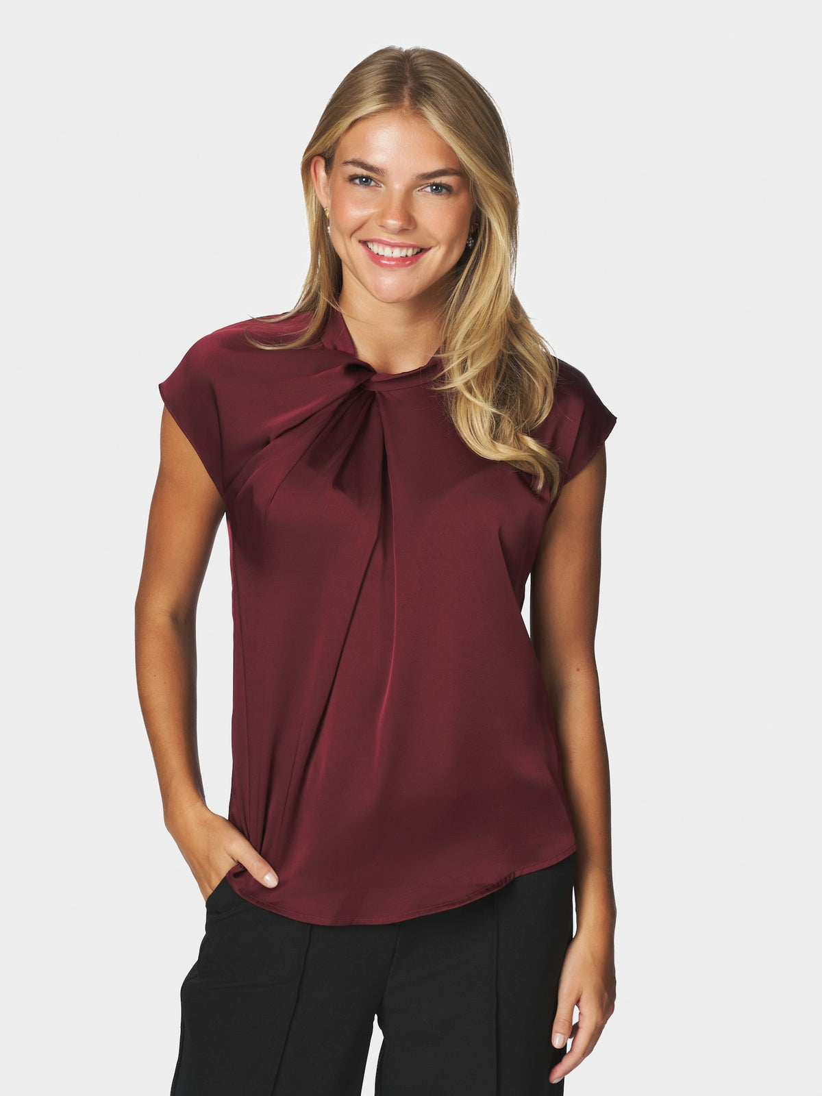Fleur Drapy Satin Blouse - Burgundy