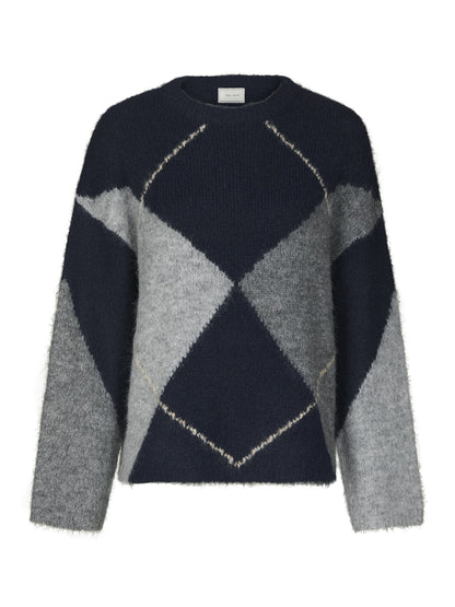 Inga Check Fluff Knit Blouse - Navy