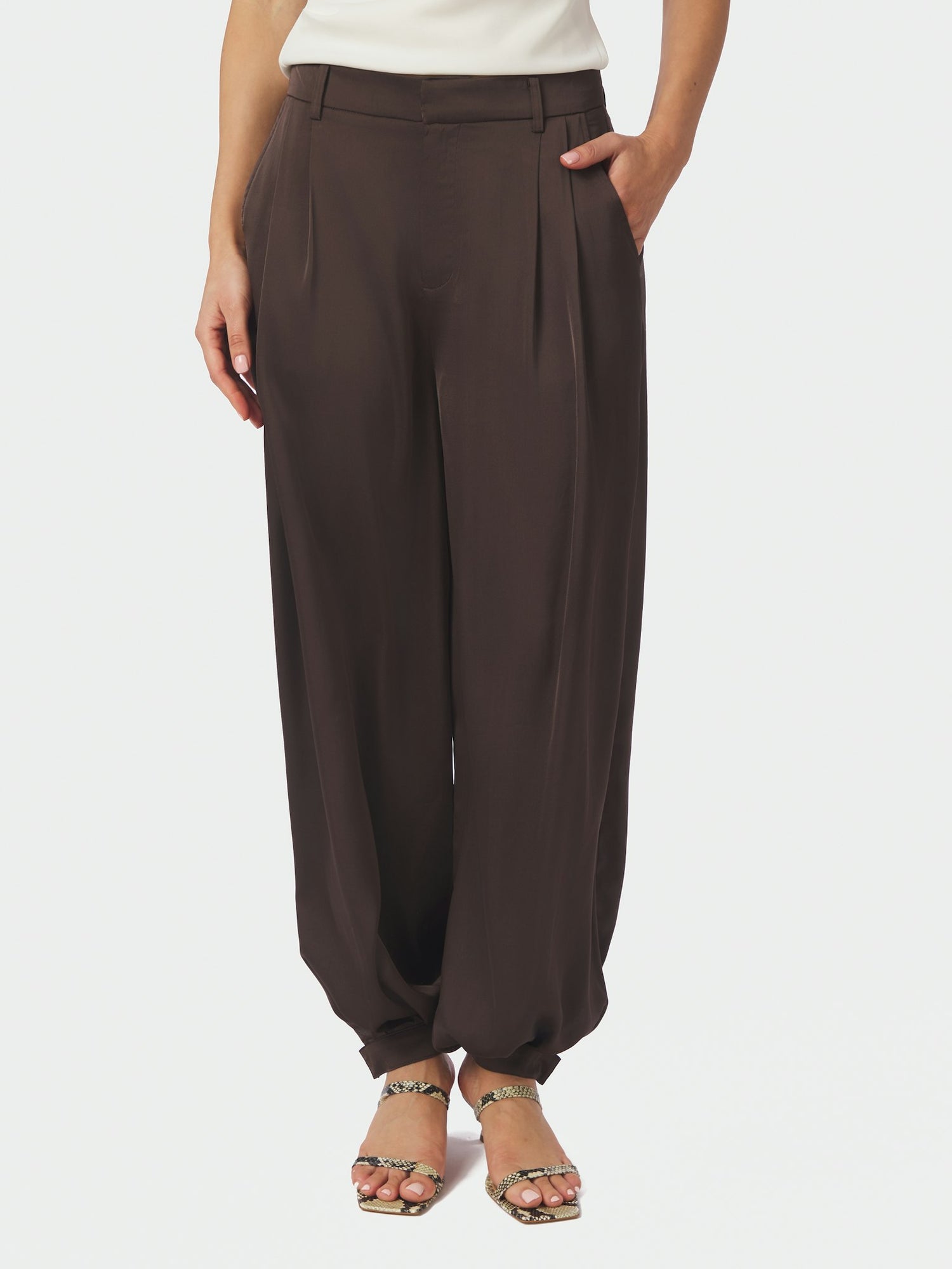 Fayla Drapy Satin Balloon Pants - Dark Brown