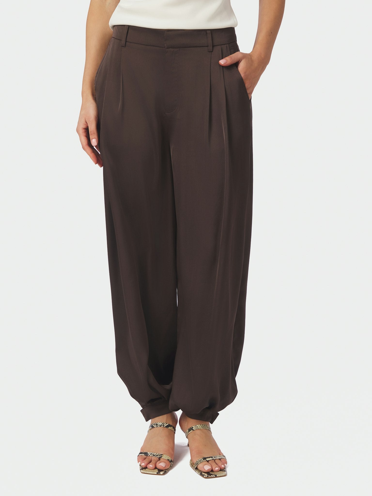 Fayla Drapy Satin Balloon Pants - Dark Brown