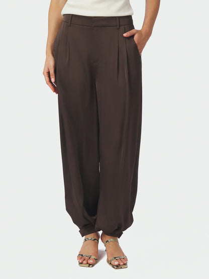 Fayla Drapy Satin Balloon Pants - Dark Brown