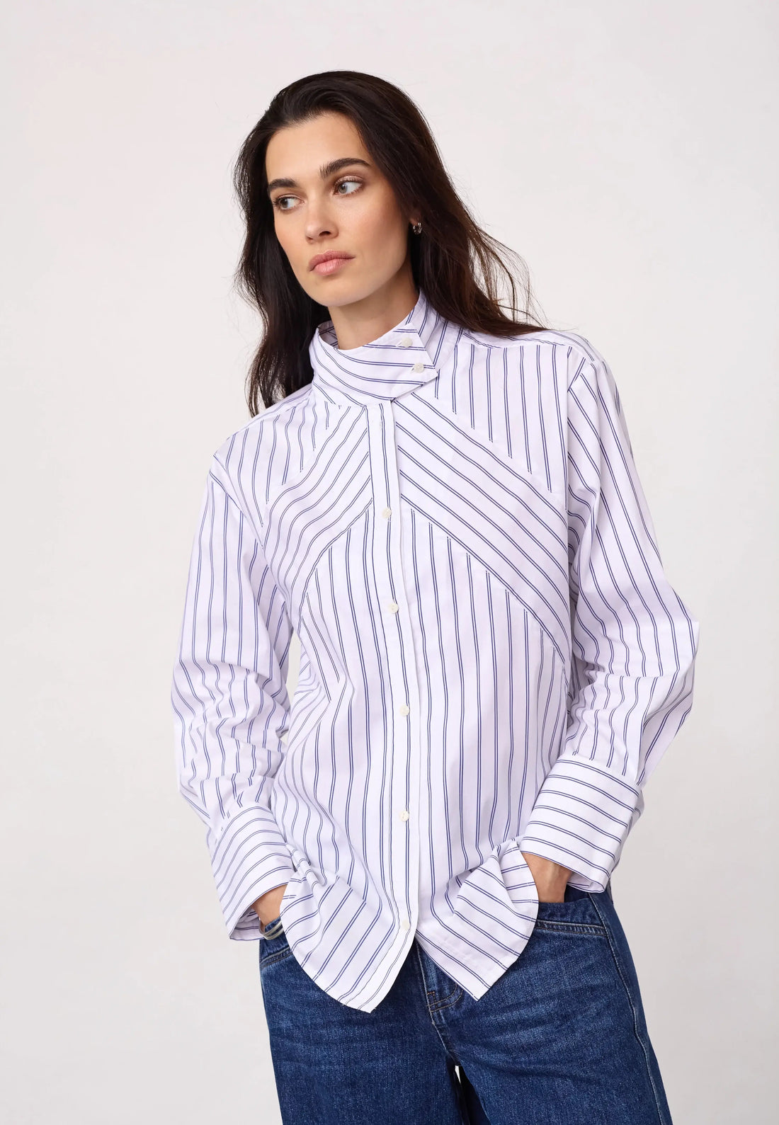 SomoCC Stripe Funnel Neck Shirt - White