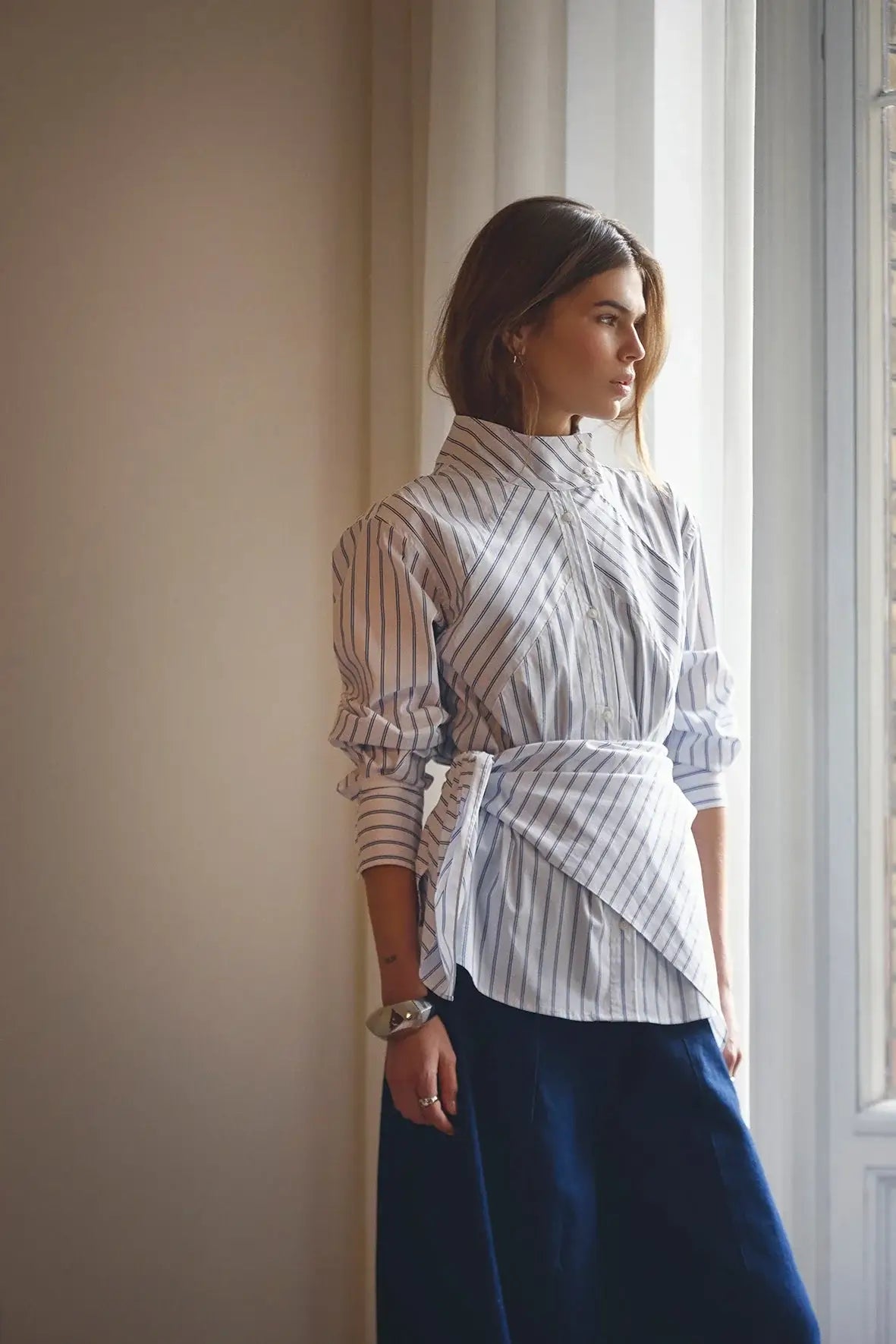 SomoCC Stripe Funnel Neck Shirt - White