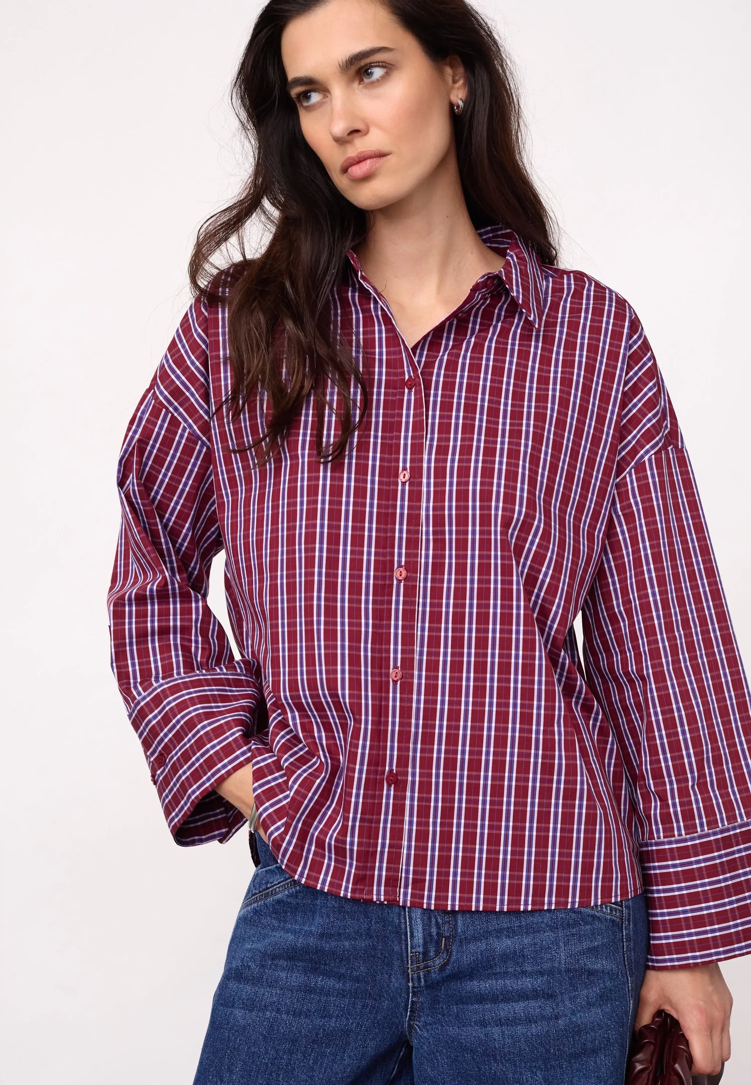 ReneeCC Check Cuff Shirt - Berry Red