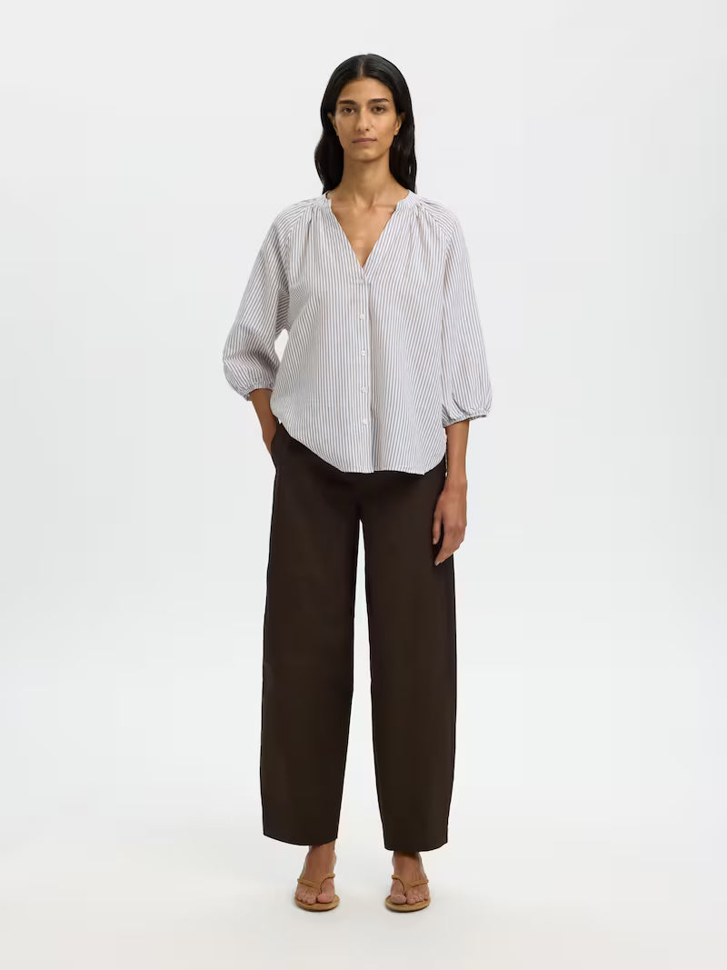 SLFcleo-Alberta Linen Blend Shirt - Bright White Chocolate Chip Stripes