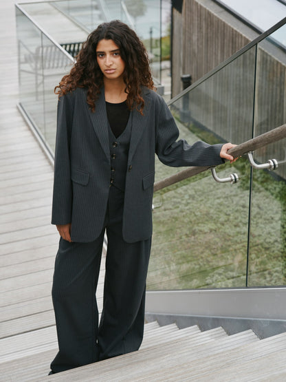 Aarielle Slim Pinstripe Blazer - Dark Grey Melange