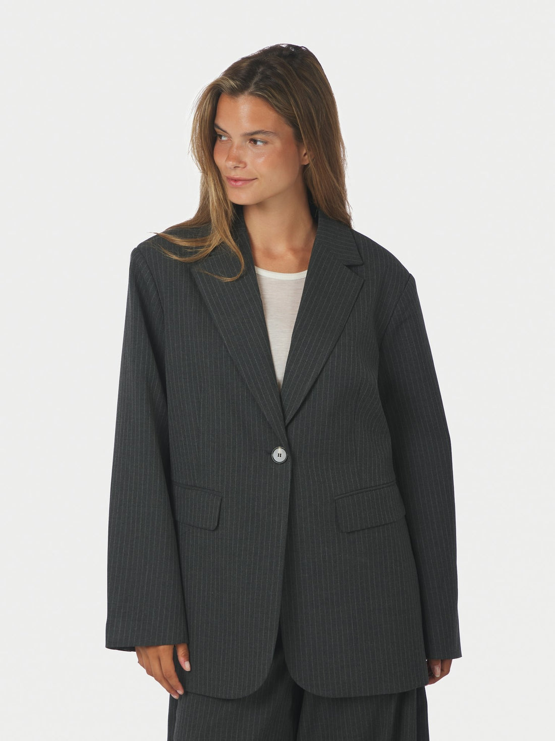 Aarielle Slim Pinstripe Blazer - Dark Grey Melange