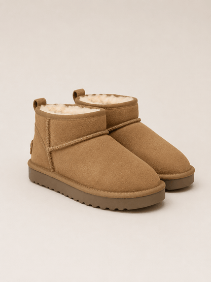 Kurzer Lammfellstiefel aus Veloursleder - Hellbraun