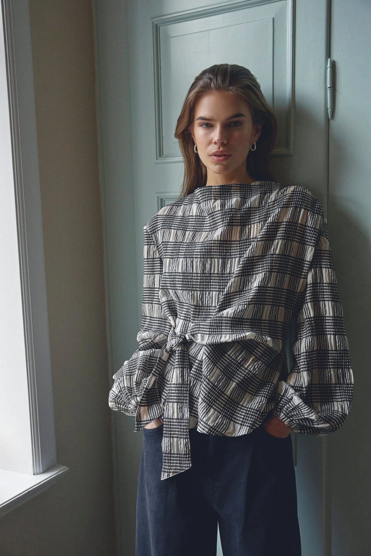 ChandlerCC Check Tie Blouse - Bone