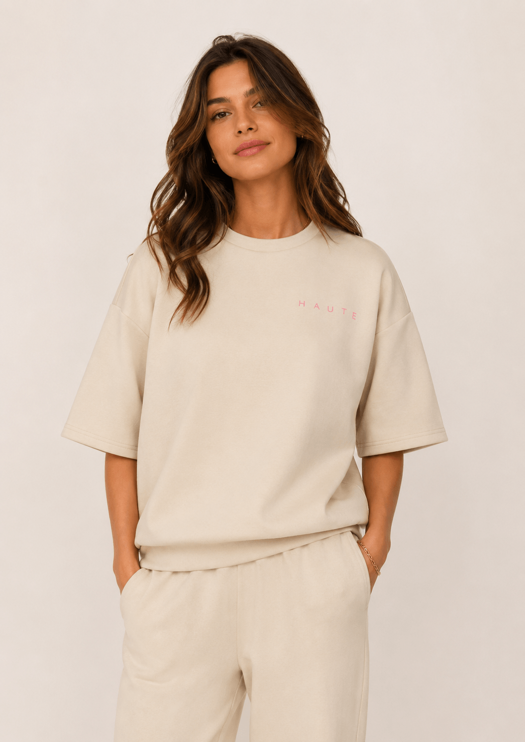 Maxi Split SS Logo Sweat - Pearl/Pink