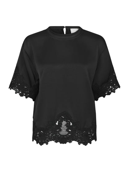 Elle Heavy Sateen Lace Top - Black