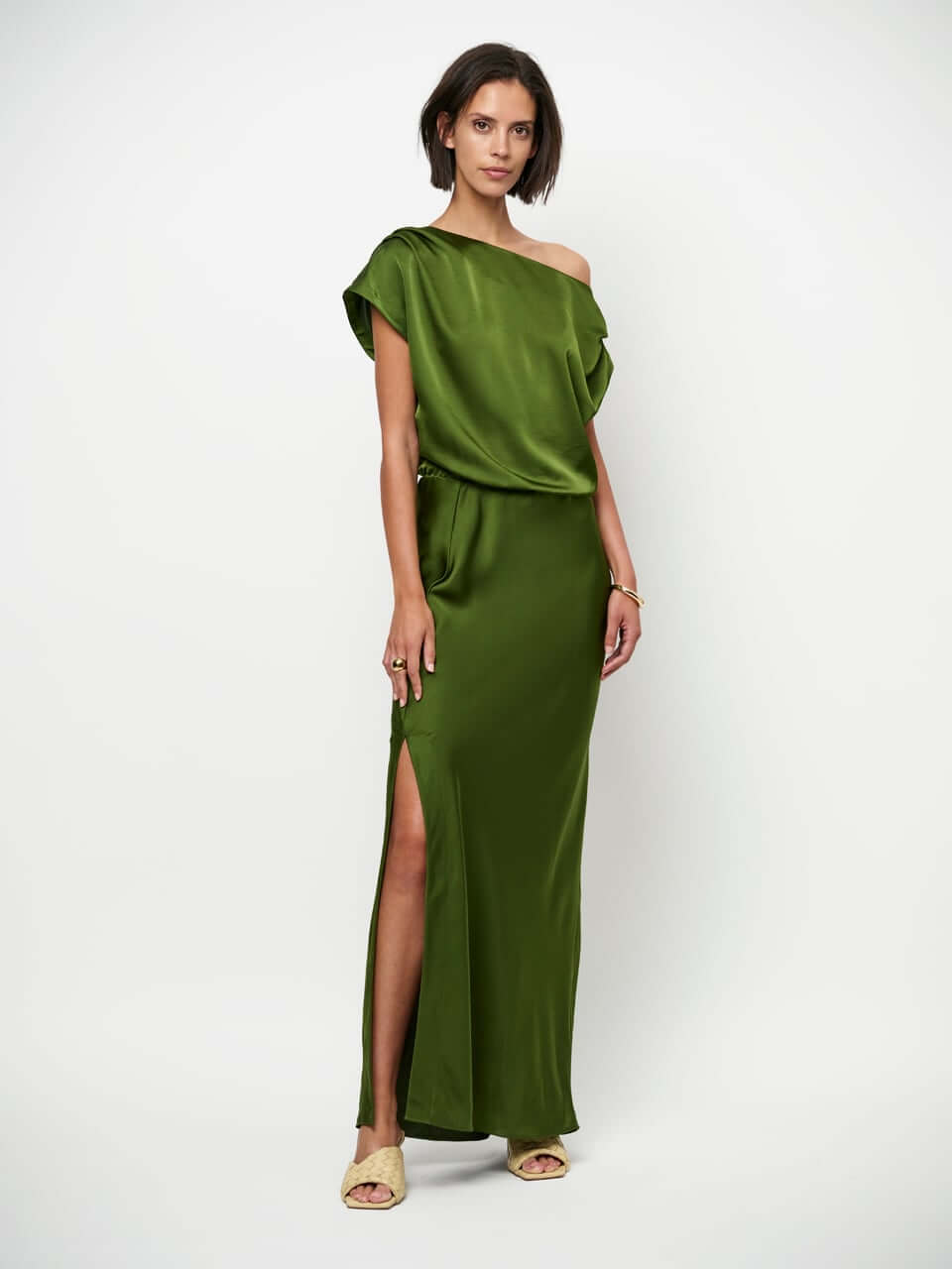 Epic Off-Shoulder Satin Maxi Dress - Basil Green