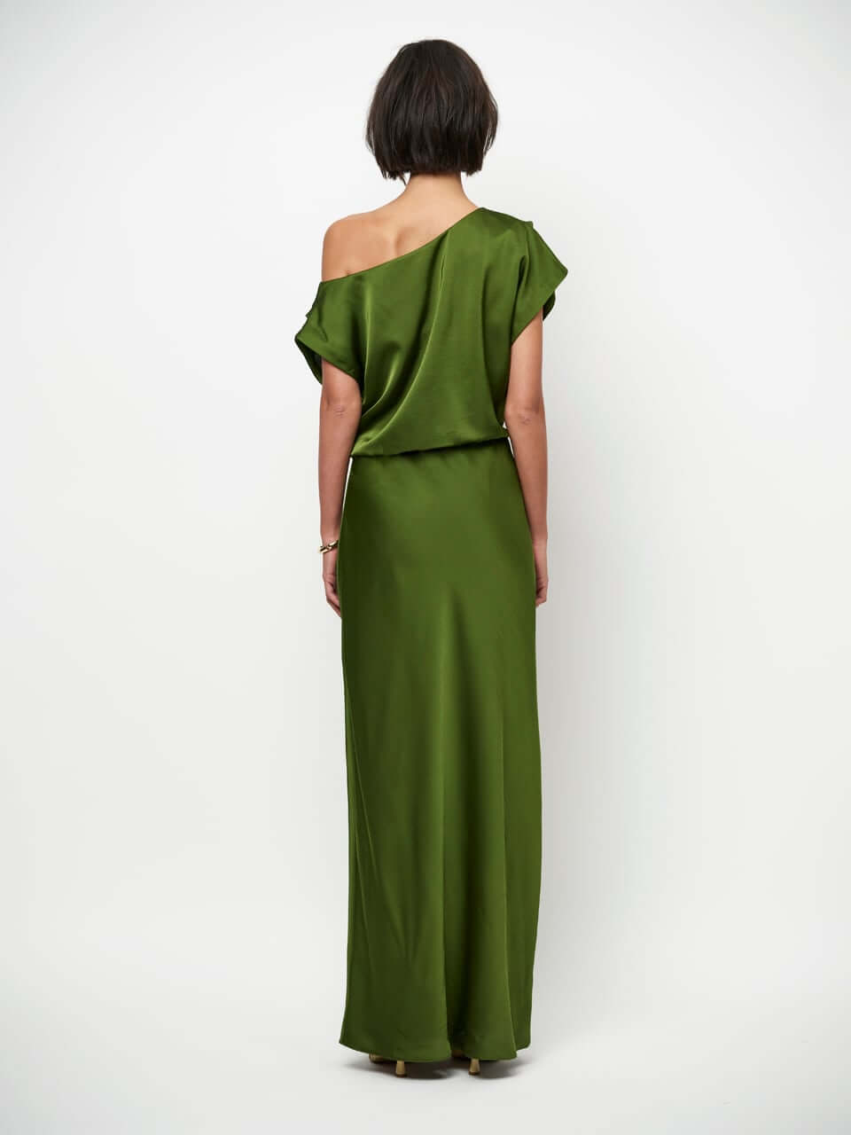 Epic Off-Shoulder Satin Maxi Dress - Basil Green